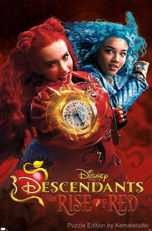 A dynamic time themed puzzle featuring The Rise of Red from Disney Descendants, perfect for family game night
