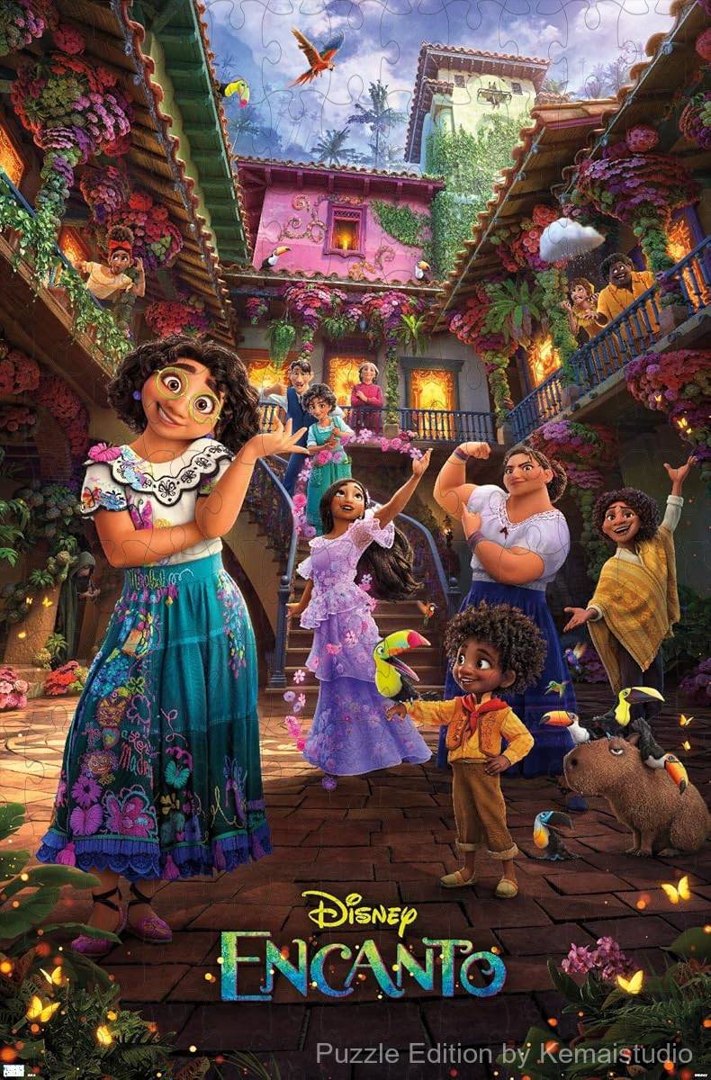 The Madrigal family stands united in a vibrant, magical Colombian setting