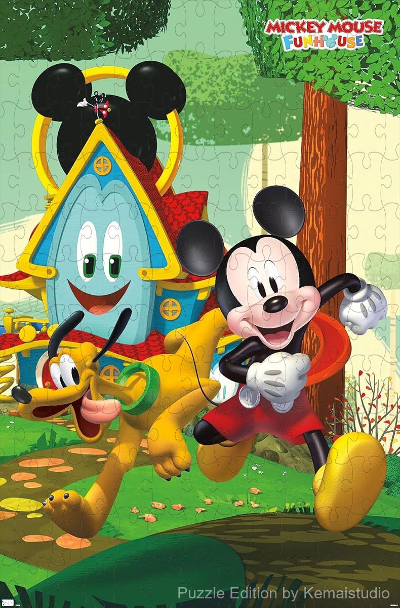 Mickey Mouse and friends in a fun and exciting Disney Funhouse scene