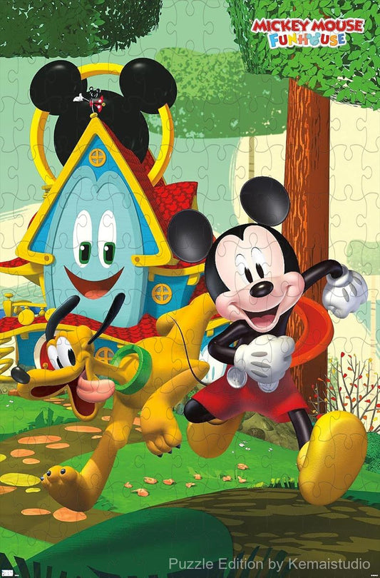 Mickey Mouse and friends in a fun and exciting Disney Funhouse scene