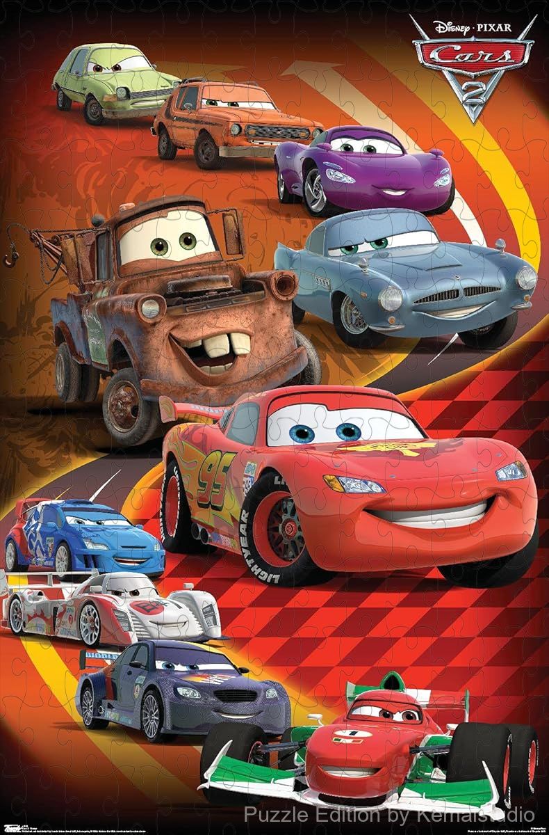 Lightning McQueen and his racing crew pose in an energetic scene from Cars 2