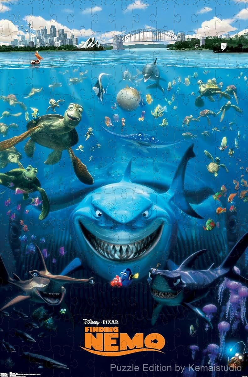 The full Finding Nemo cast in a lively underwater group scene