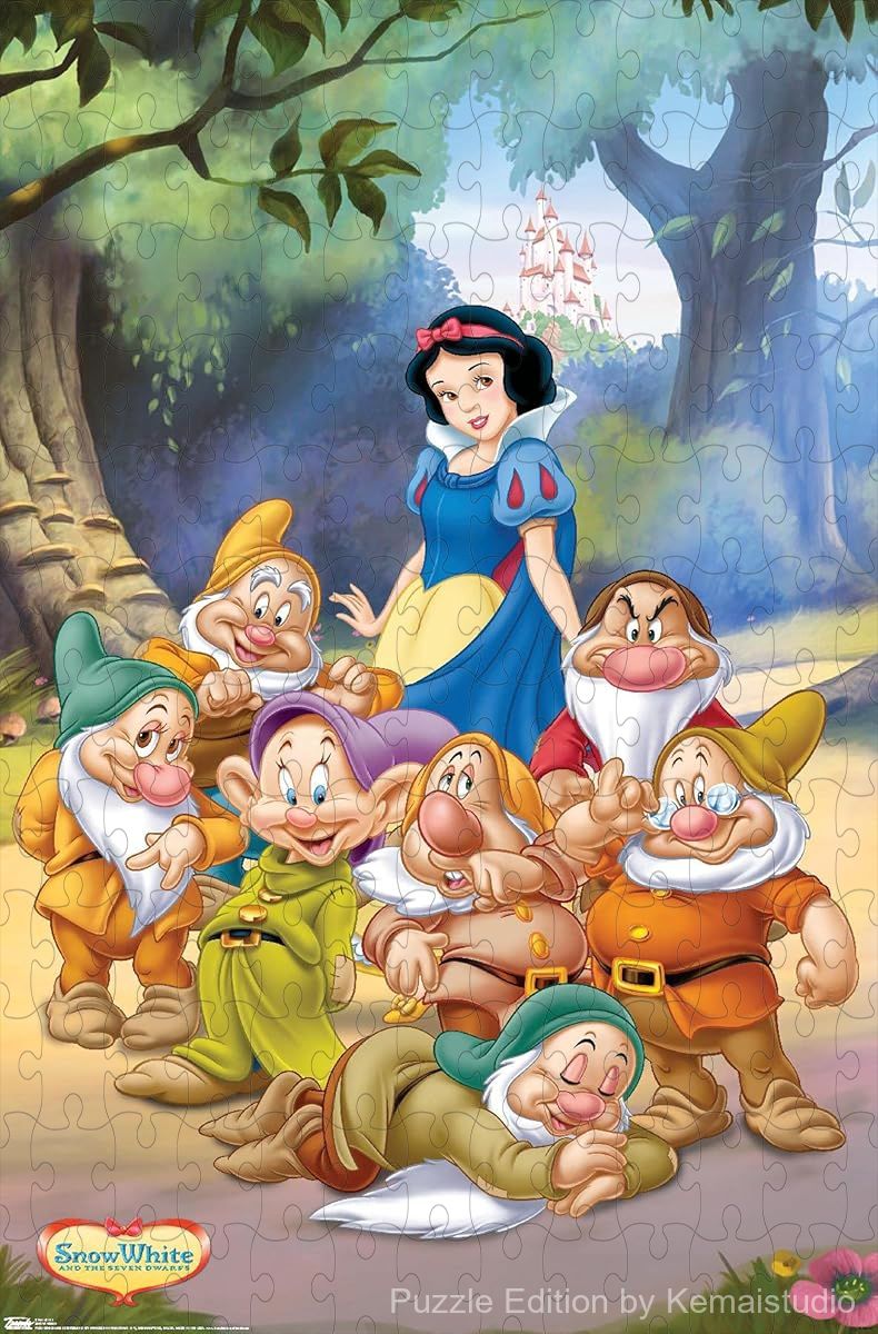 Disney's Snow White and her seven loyal dwarfs pose in a classic scene