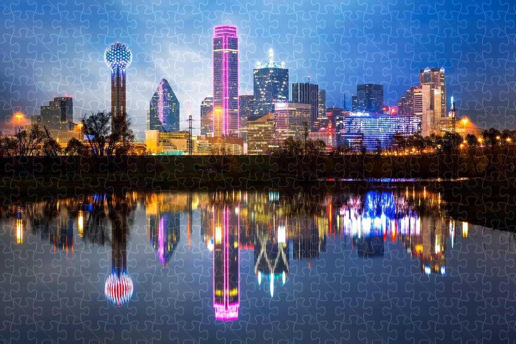 Downtown Dallas Texas skyline reflections photo poster puzzle, wooden puzzles for adults  