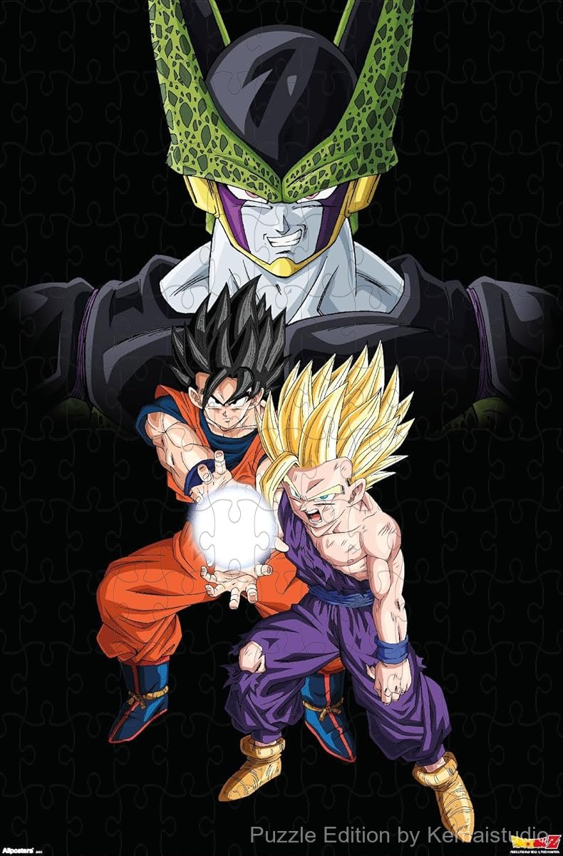 Wooden puzzle featuring characters from the Cell Saga in Dragon Ball Z, with epic battle poses