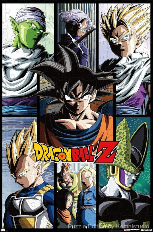 Wooden puzzle featuring a vibrant grid picture of Dragon Ball Z, showcasing iconic characters