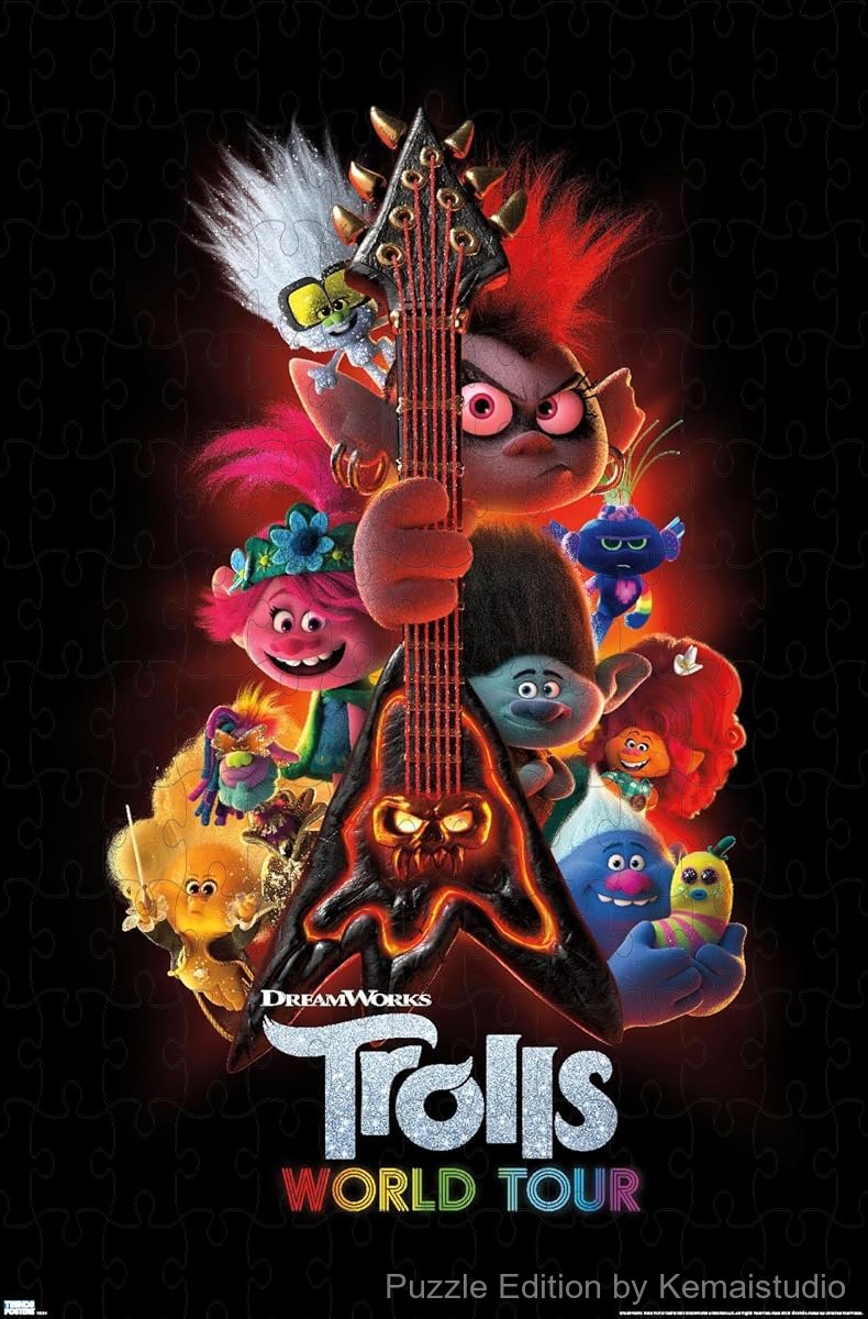 A bright and playful collage of characters from DreamWorks Trolls 2, full of color and fun