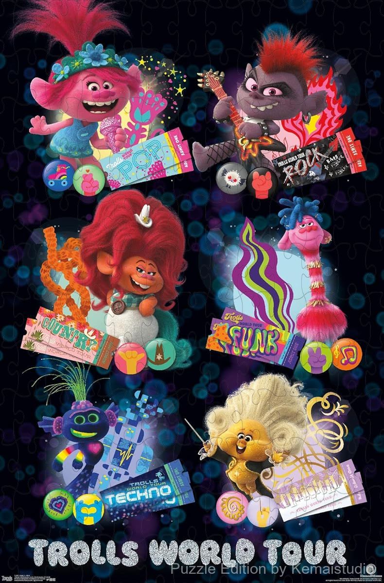 A vibrant grid-style puzzle of characters from DreamWorks Trolls 2, ideal for kids and group play