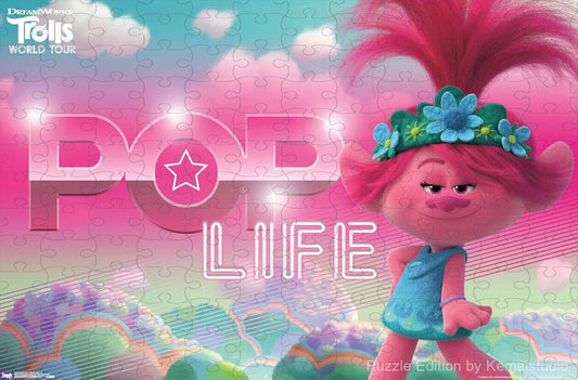 Cheerful and bright scene from Trolls 2 featuring pop-themed characters and colorful vibes