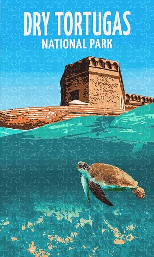 Explore Dry Tortugas National Park in Florida with this vintage travel poster jigsaw puzzle, 1000-piece wooden puzzle perfect for adventure seekers.