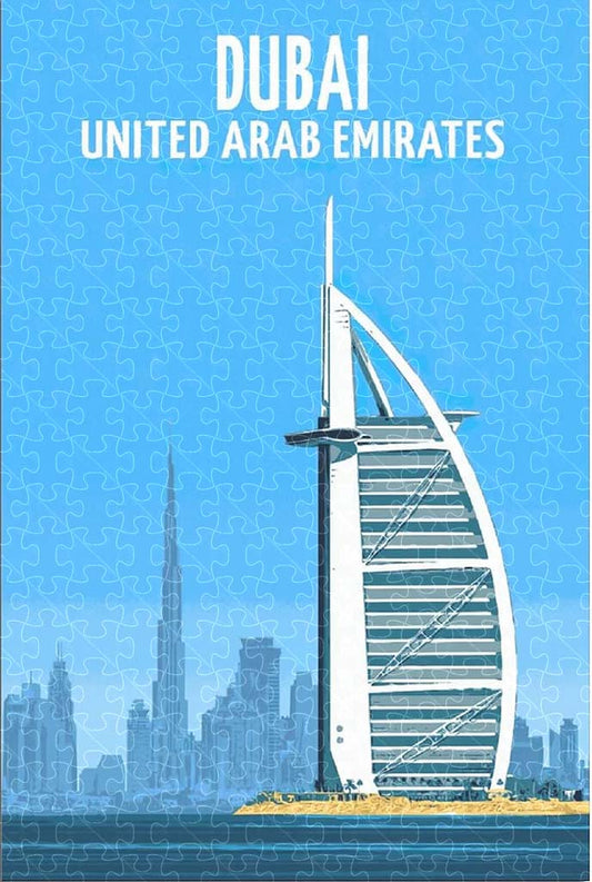 Dubai UAE vintage travel poster jigsaw puzzle for adults, 1000-piece wooden puzzle showcasing Dubai's modern skyline.