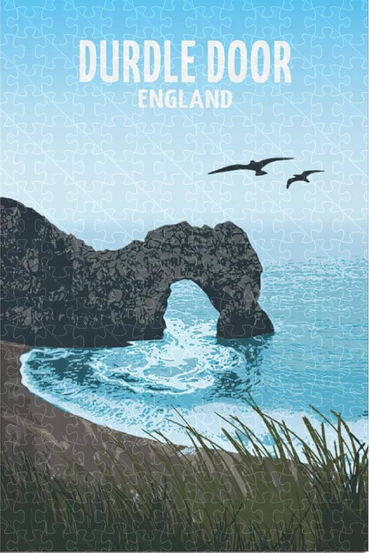 Durdle Door England vintage travel poster jigsaw puzzle for adults, 1000-piece wooden puzzle showcasing the iconic limestone arch.
