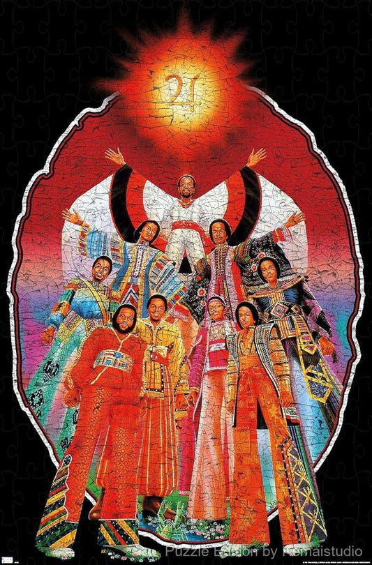 500-piece wooden jigsaw puzzle featuring Earth Wind & Fire band members.