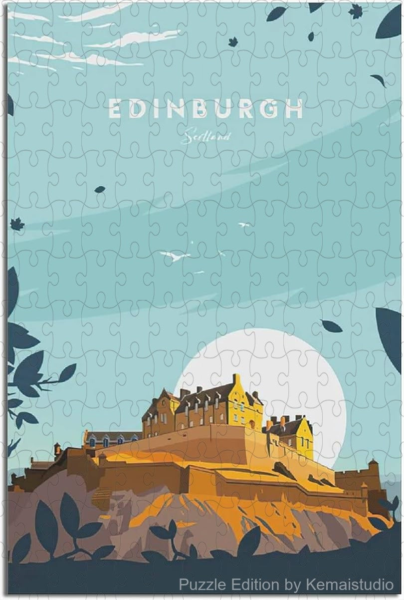 Edinburgh castle and cityscape puzzle in vintage travel art style