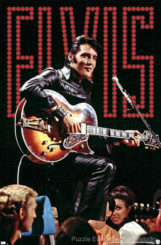 1000-piece wooden jigsaw puzzle featuring Elvis Presley's iconic 68 Concert.