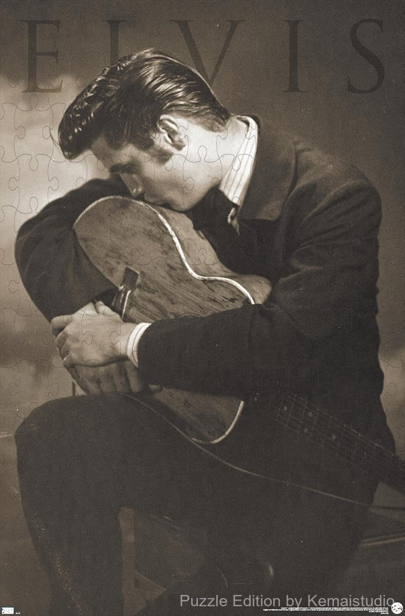 Elvis holding his guitar in a sepia-toned portrait full of retro charm