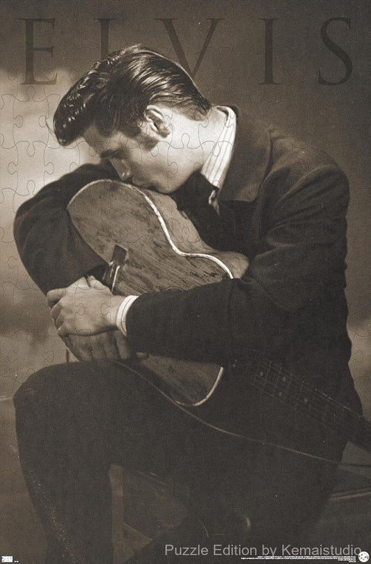 Elvis holding his guitar in a sepia-toned portrait full of retro charm