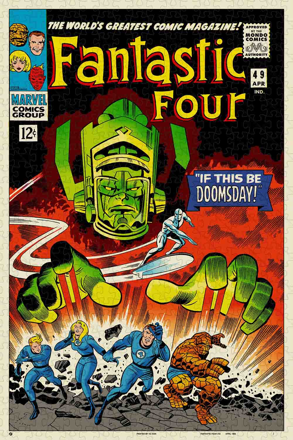 a jigsaw puzzle for : screenprinted reproduction of FANTASTIC FOUR #49 (April 1966) with artwork by Jack “The King” Kirby, featuring the mighty Galactus’ first comic cover appearance.