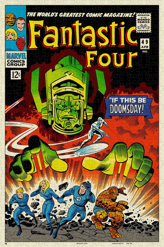 a jigsaw puzzle for : screenprinted reproduction of FANTASTIC FOUR #49 (April 1966) with artwork by Jack “The King” Kirby, featuring the mighty Galactus’ first comic cover appearance.