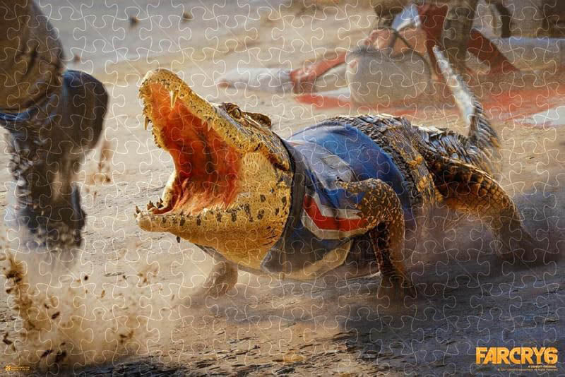 Wooden 1000-piece puzzle showing Far Cry 6 Guapo Crocodile Amigo game poster
