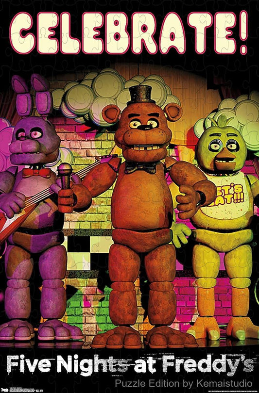 500-piece wooden jigsaw puzzle featuring characters from Five Nights at Freddy's Celebrate edition.