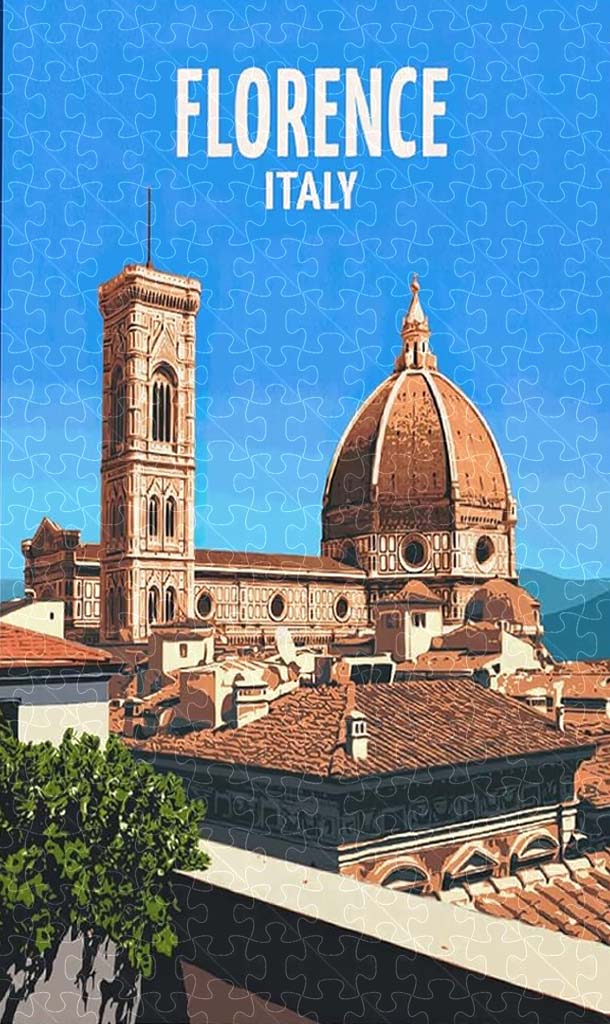 Florence Italy vintage travel poster jigsaw puzzle for adults, 1000-piece wooden puzzle of Florence’s stunning architecture.