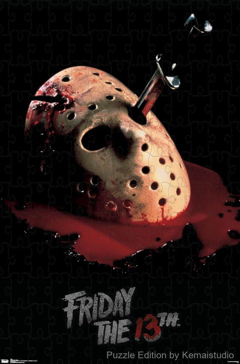 500-piece wooden jigsaw puzzle featuring Jason's bleeding mask from Friday The 13th.