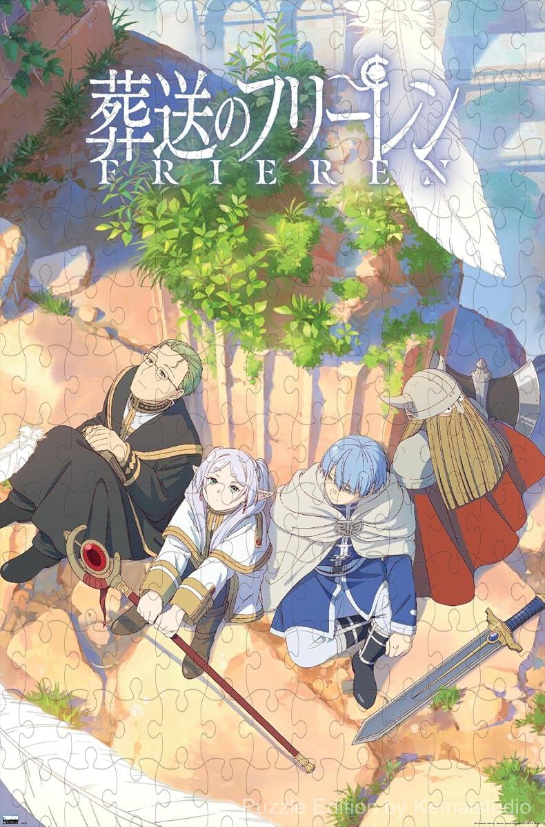 Wooden puzzle featuring the key art from Frieren: Beyond Journey's End, with a magical and fantasy vibe