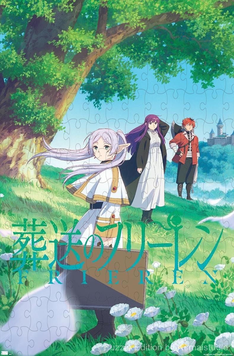 Wooden puzzle featuring the key art from Frieren: Beyond Journey's End, with vivid fantasy elements