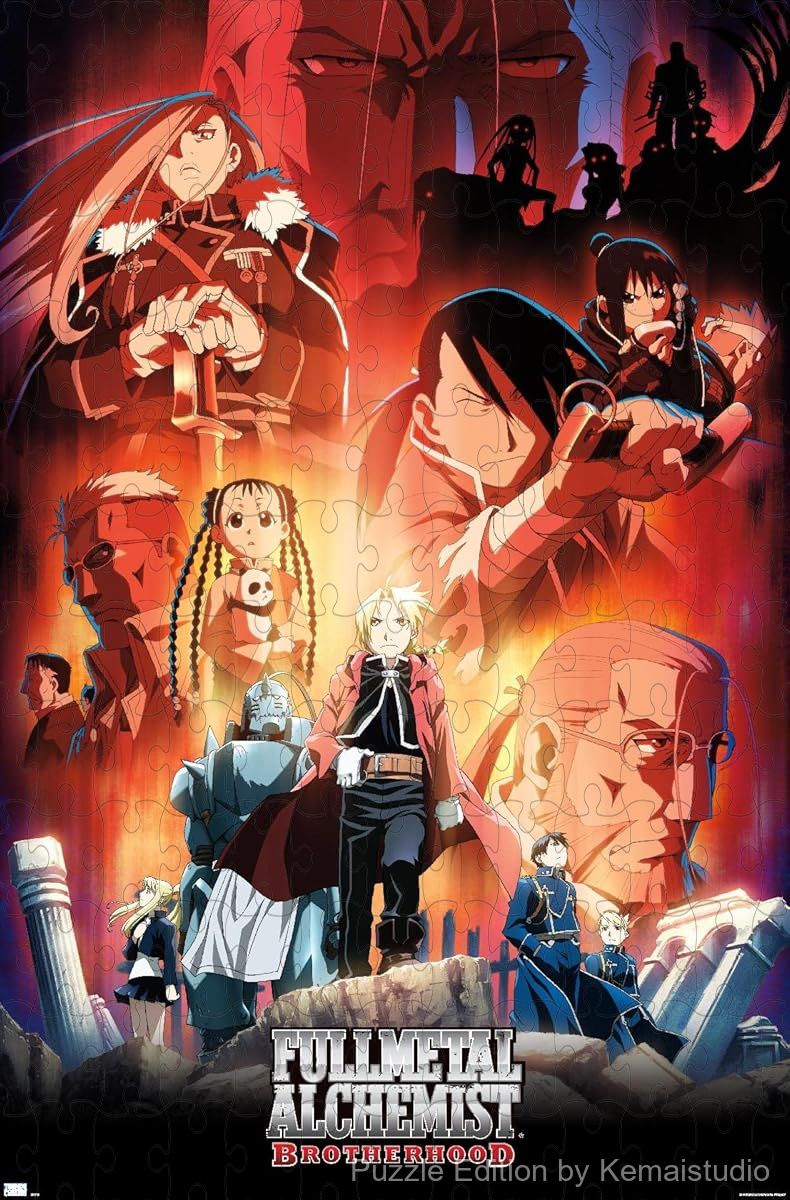 Wooden puzzle featuring key art from Fullmetal Alchemist: Brotherhood, with dramatic and detailed design