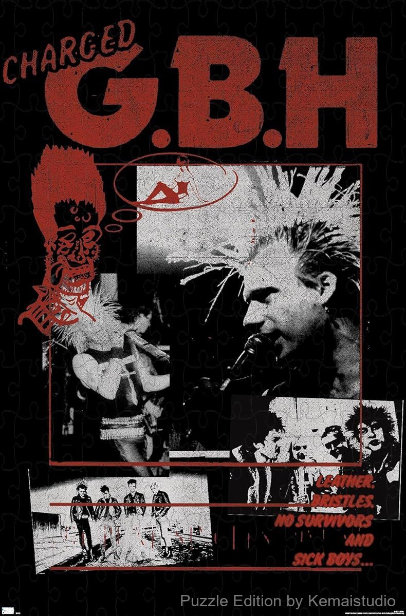 A gritty collage-style artwork from GBH, showcasing the band's rebellious visual history