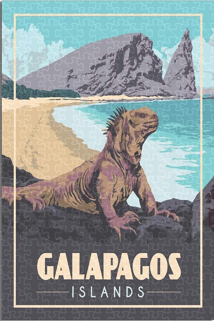 Galapagos Islands Ecuador vintage travel poster jigsaw puzzle for adults, 1000-piece wooden puzzle showcasing the unique wildlife and landscapes of the Galapagos.