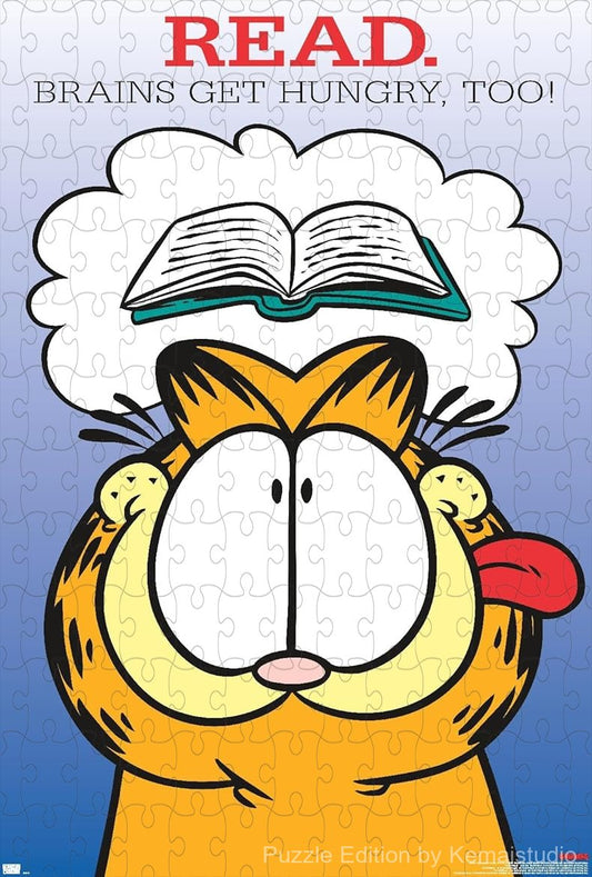 500-piece wooden jigsaw puzzle featuring Garfield reading a book.
