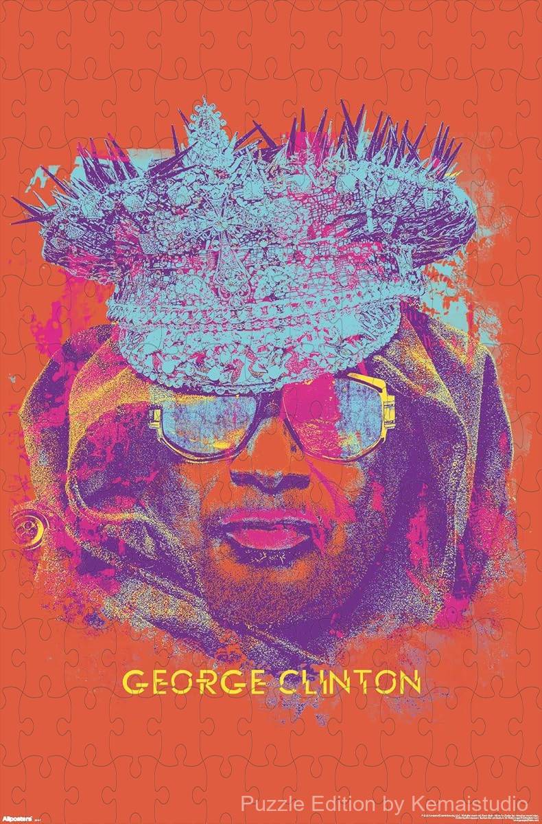 A colorful and psychedelic puzzle of George Clinton with expressive face painting, great for bold rooms