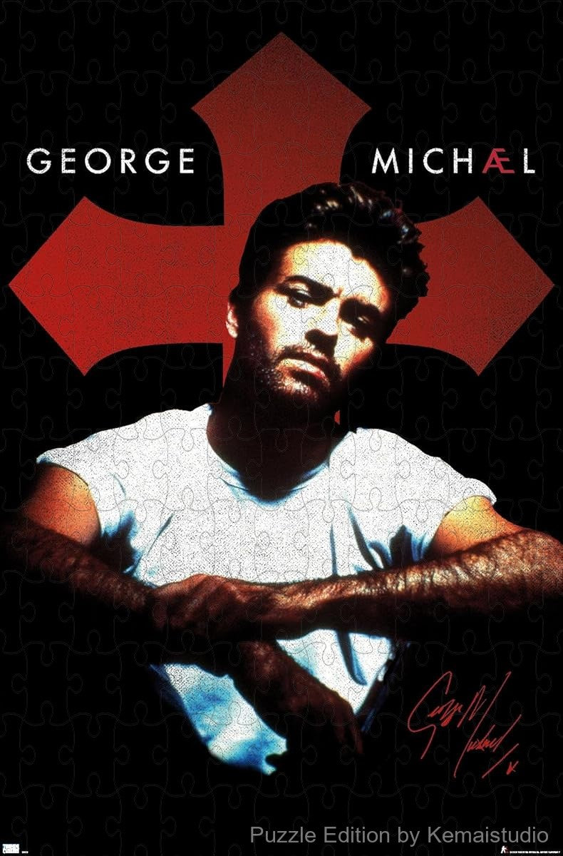 A sleek and minimalist puzzle of George Michael with a cross motif, perfect for music and art lovers
