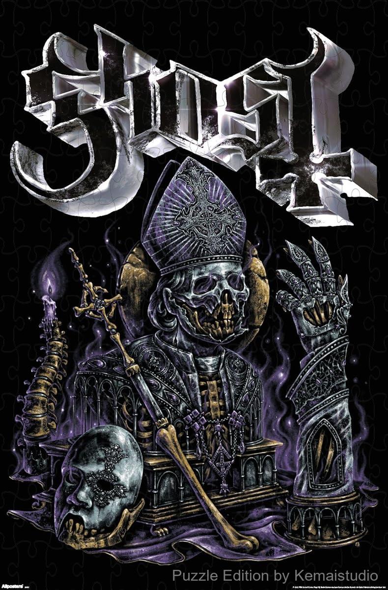 A gothic visual puzzle featuring Ghost's reliquary iconography,ideal for fans of occult art and moody design