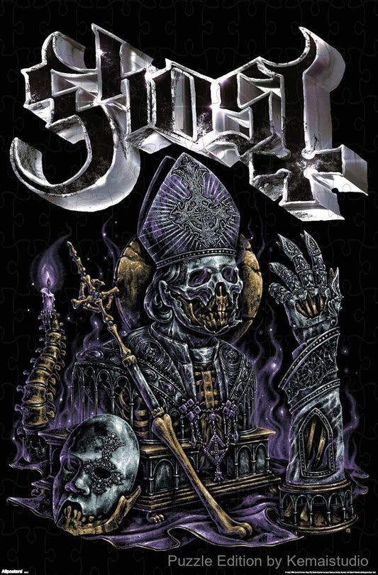 A gothic visual puzzle featuring Ghost's reliquary iconography,ideal for fans of occult art and moody design