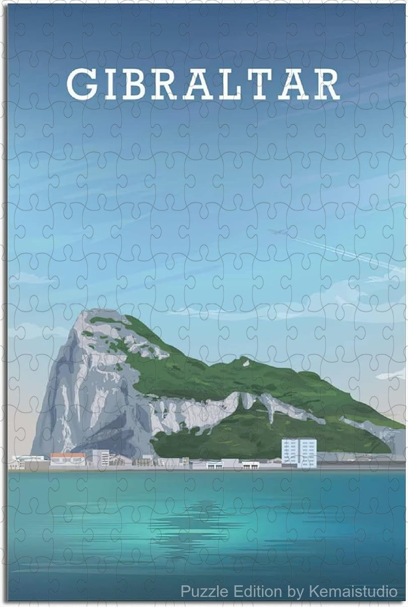 Puzzle showing Gibraltar's city skyline in retro travel poster art