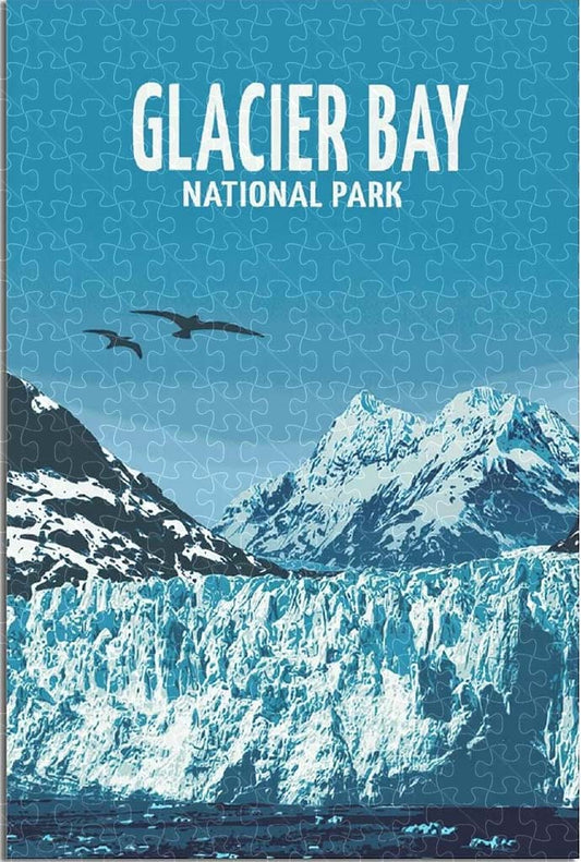 Glacier Bay National Park Alaska vintage travel poster jigsaw puzzle for adults, 1000-piece wooden puzzle with stunning Alaskan views.