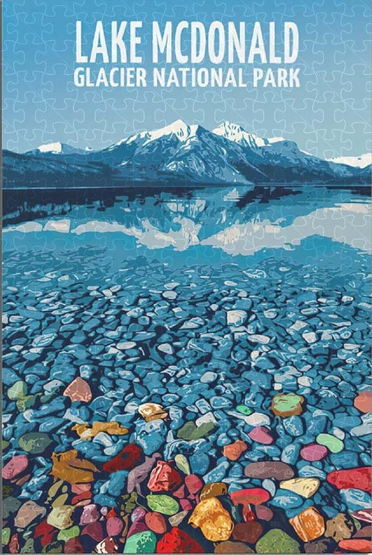 Glacier Lake Glacier vintage travel poster jigsaw puzzle for adults, 1000-piece wooden puzzle of Glacier Lake’s pristine beauty.