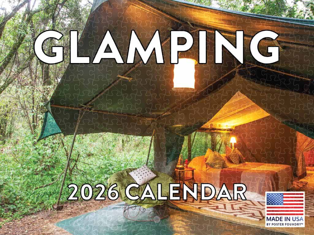 Glamping 2026 calendar poster, wooden adult puzzle, American made