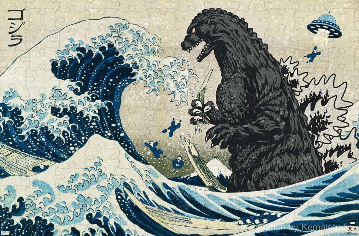 1000-piece wooden jigsaw puzzle featuring Godzilla on the Great Wave.