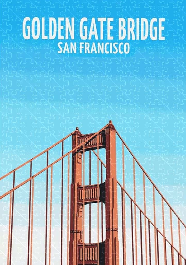 Golden Gate Bridge San Francisco vintage travel poster jigsaw puzzle for adults, 1000-piece wooden puzzle of the famous Golden Gate Bridge.