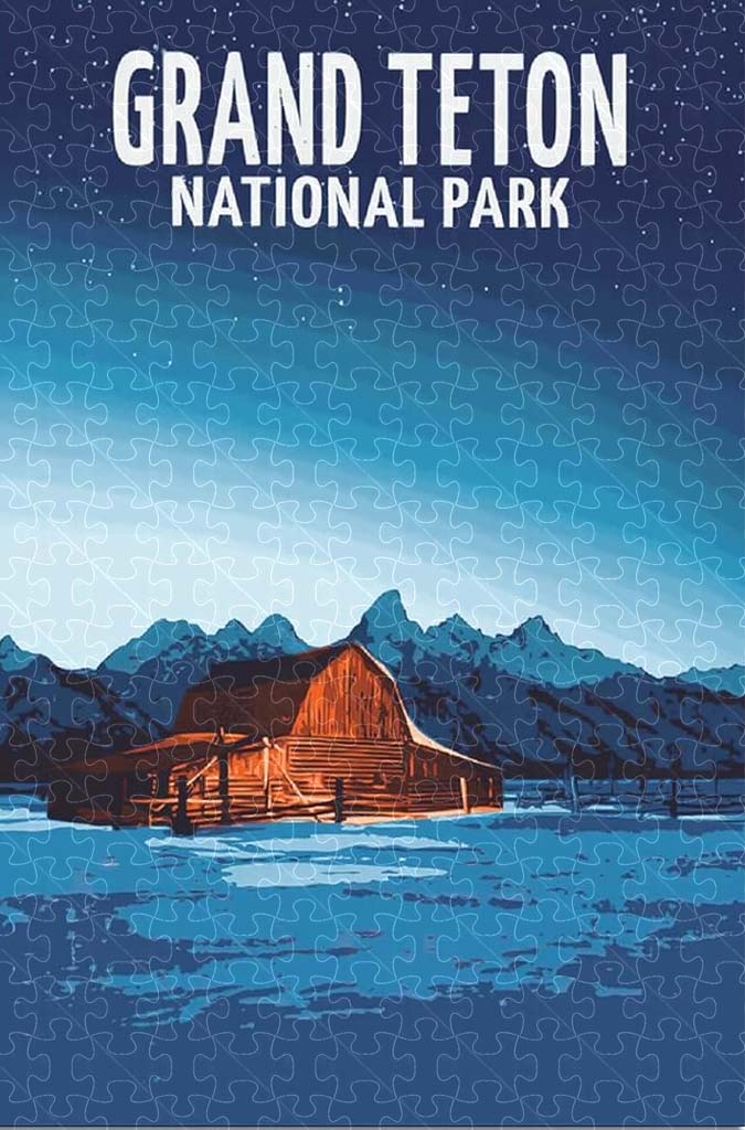 Grand Teton National Park vintage travel poster jigsaw puzzle for adults, 1000-piece wooden puzzle of the majestic Teton mountain range.