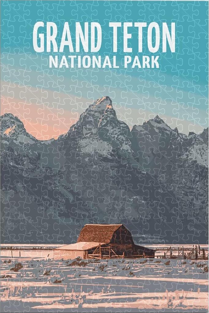 Grand Teton National Park vintage travel poster jigsaw puzzle for adults, 1000-piece wooden puzzle of the majestic Teton mountain range.