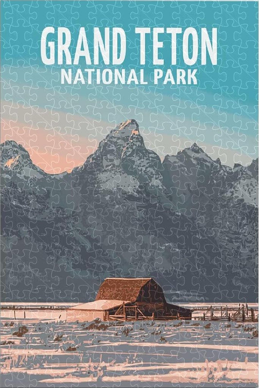 Grand Teton National Park vintage travel poster jigsaw puzzle for adults, 1000-piece wooden puzzle of the majestic Teton mountain range.