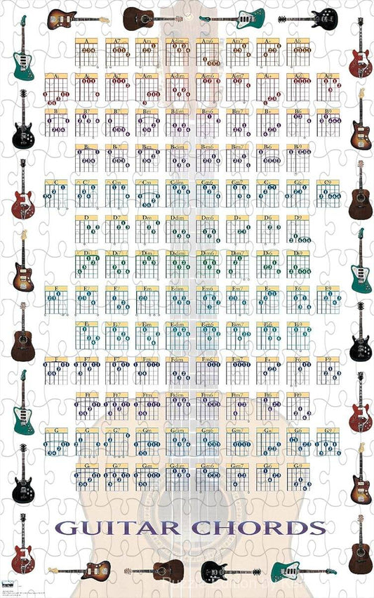 A functional and educational puzzle with guitar chord diagrams, perfect for learners and music rooms
