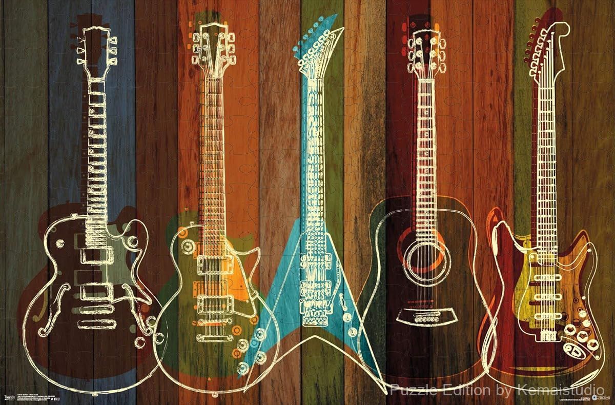 A vibrant puzzle featuring various guitars in an artistic layout, ideal for music room decoration