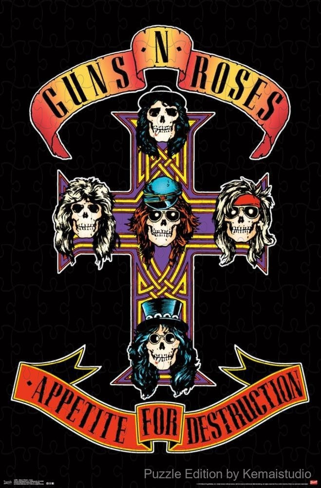 500-piece wooden jigsaw puzzle featuring the Guns N' Roses cross logo.