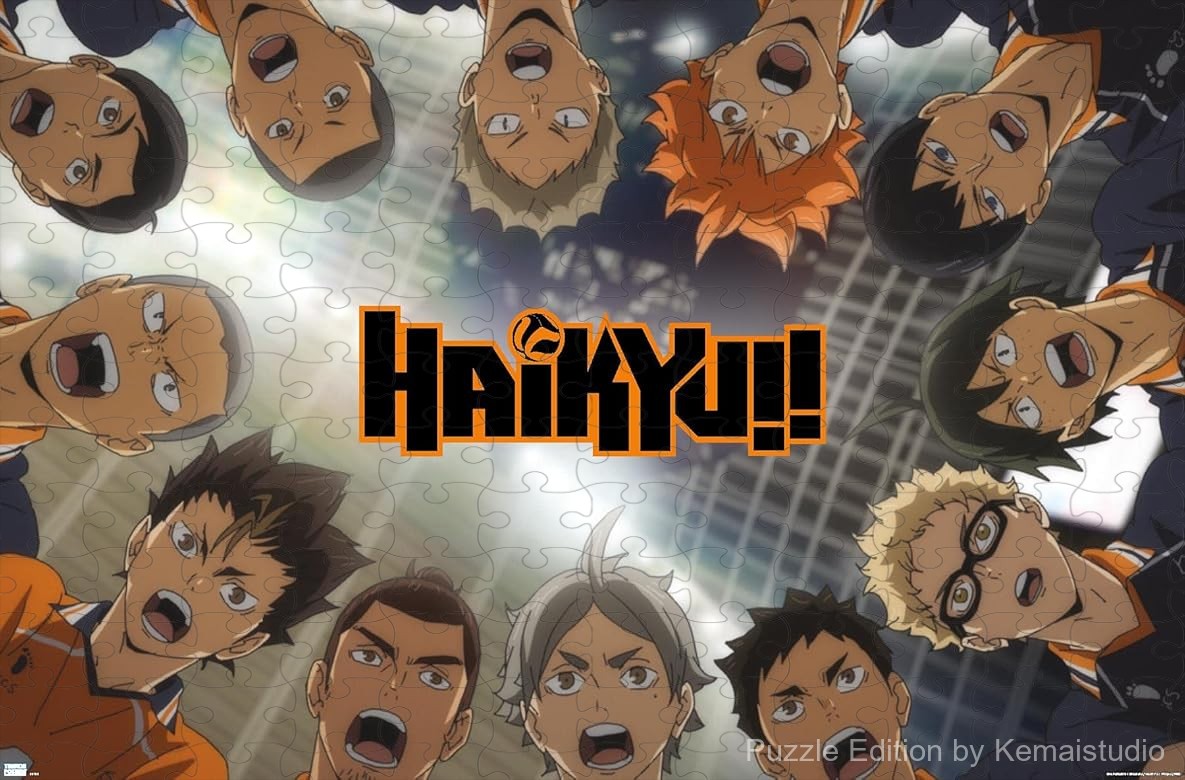 Haikyu's volleyball team huddling in a fun 500-piece puzzle